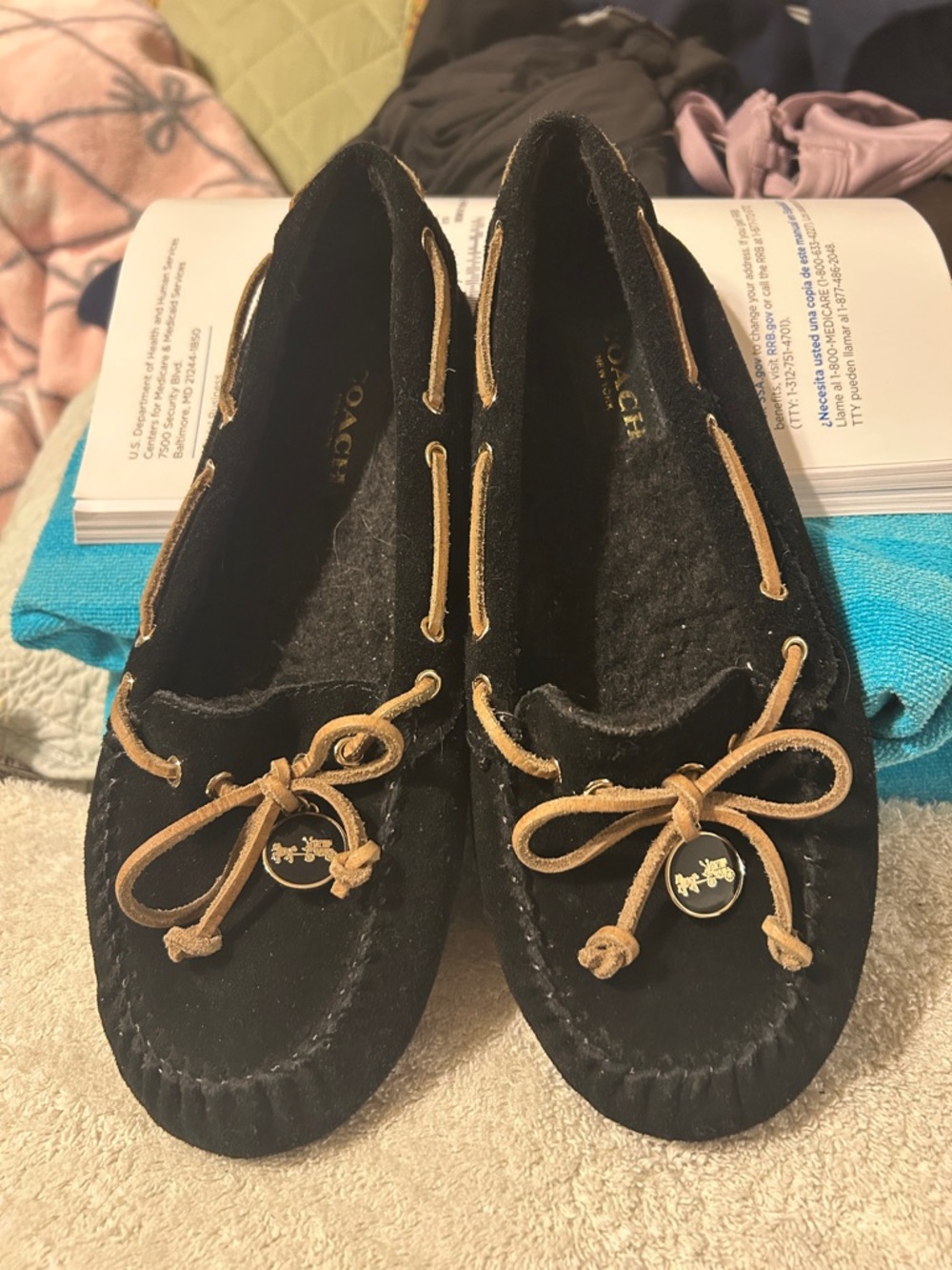 Coach Black Suede Moccasins with Tan Laces